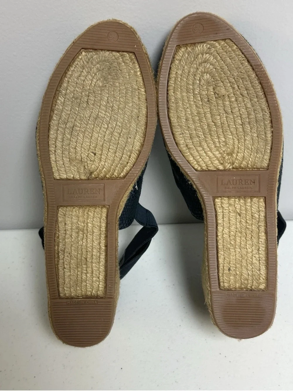 RALPH LAUREN Women’s Blue/Gold Burlap Mesh Wedge Shoe Size 9.5